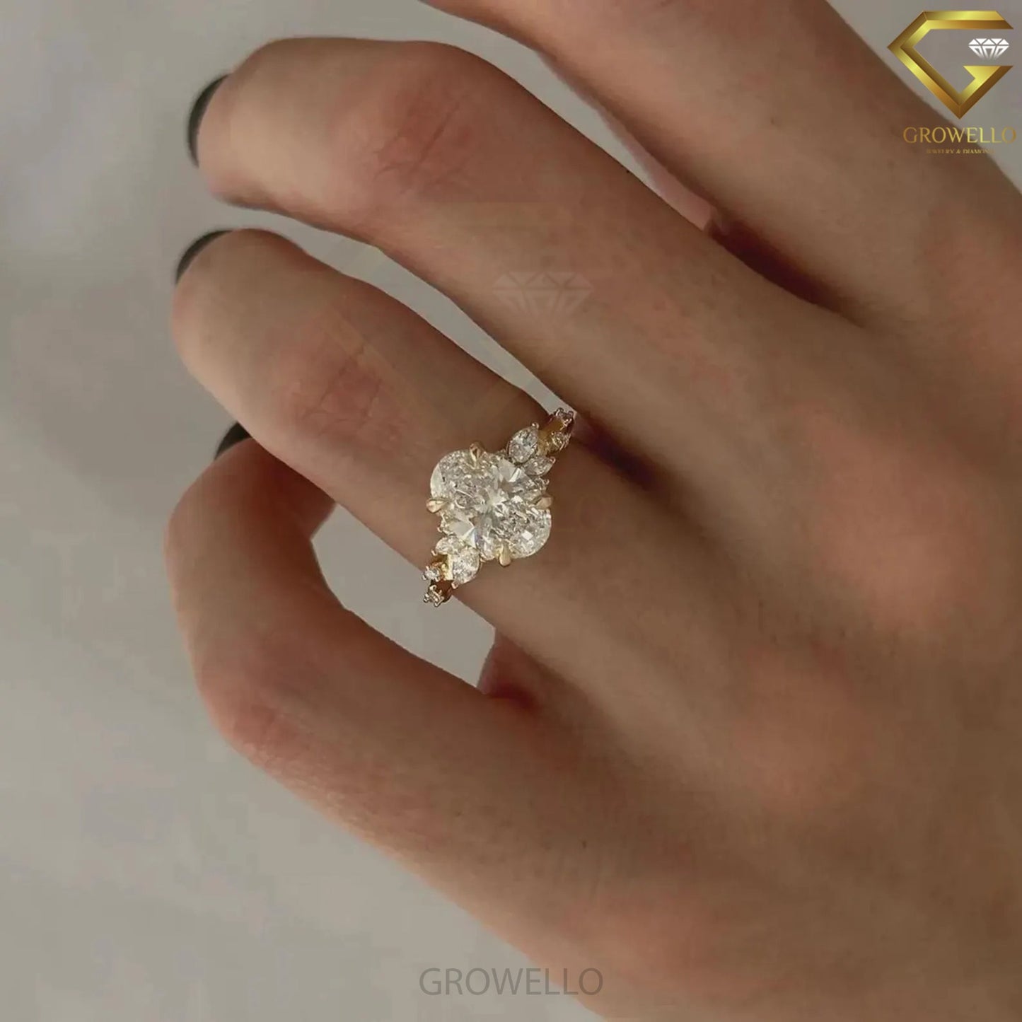 3CT oval floral cluster engagement ring, leaf side stones, solid gold, lab-grown diamond or moissanite