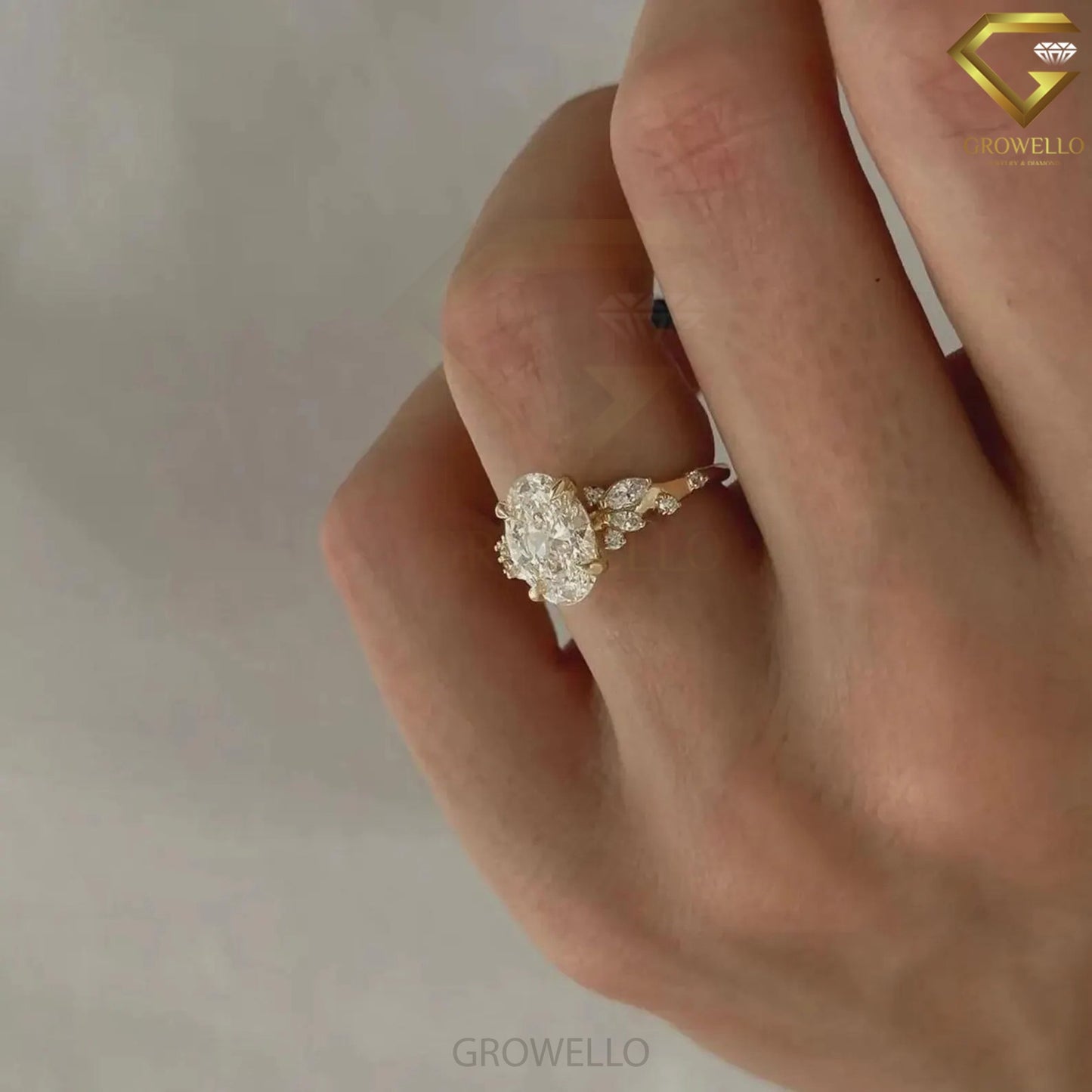 3CT oval floral cluster engagement ring, leaf side stones, solid gold, lab-grown diamond or moissanite