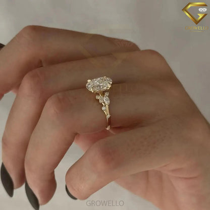 3CT oval floral cluster engagement ring, leaf side stones, solid gold, lab-grown diamond or moissanite