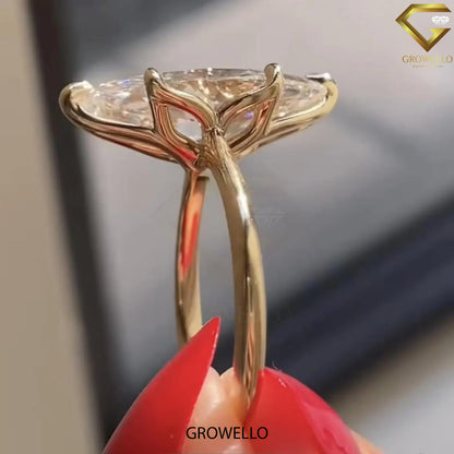 4 CT Marquise Lotus Crown Engagement Ring, Solid Gold, Lab Grown Diamond/Moissanite