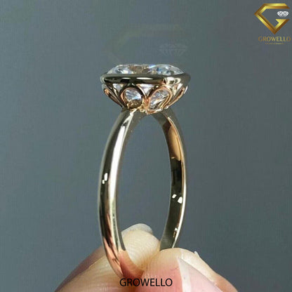 4 CT Cushion Bezel Solitaire Engagement Ring, Lotus Gallery Solid Gold, Lab Diamond/Moissanite