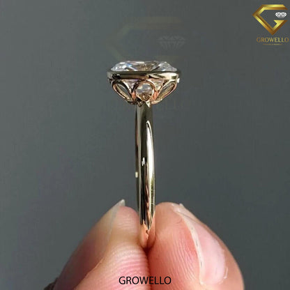 4 CT Cushion Bezel Solitaire Engagement Ring, Lotus Gallery Solid Gold, Lab Diamond/Moissanite