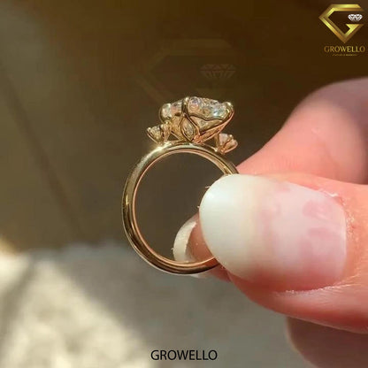 3 CT Elongated Cushion Ring: Claw Prong, Surprise Diamonds, Solid Gold, Lab Diamond/Moissanite