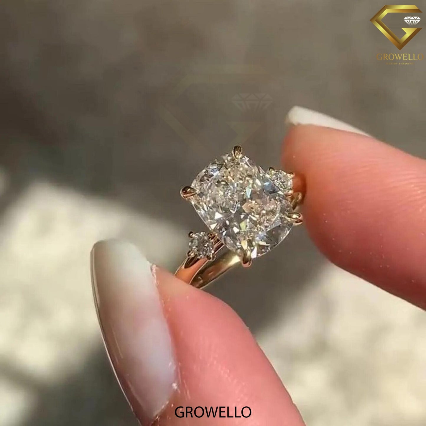 3 CT Elongated Cushion Ring: Claw Prong, Surprise Diamonds, Solid Gold, Lab Diamond/Moissanite