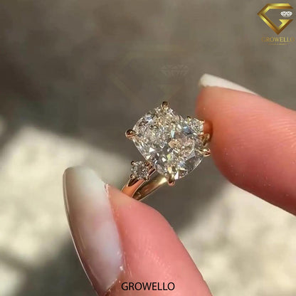 3 CT Elongated Cushion Ring: Claw Prong, Surprise Diamonds, Solid Gold, Lab Diamond/Moissanite