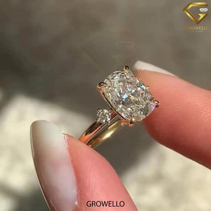 3 CT Elongated Cushion Ring: Claw Prong, Surprise Diamonds, Solid Gold, Lab Diamond/Moissanite