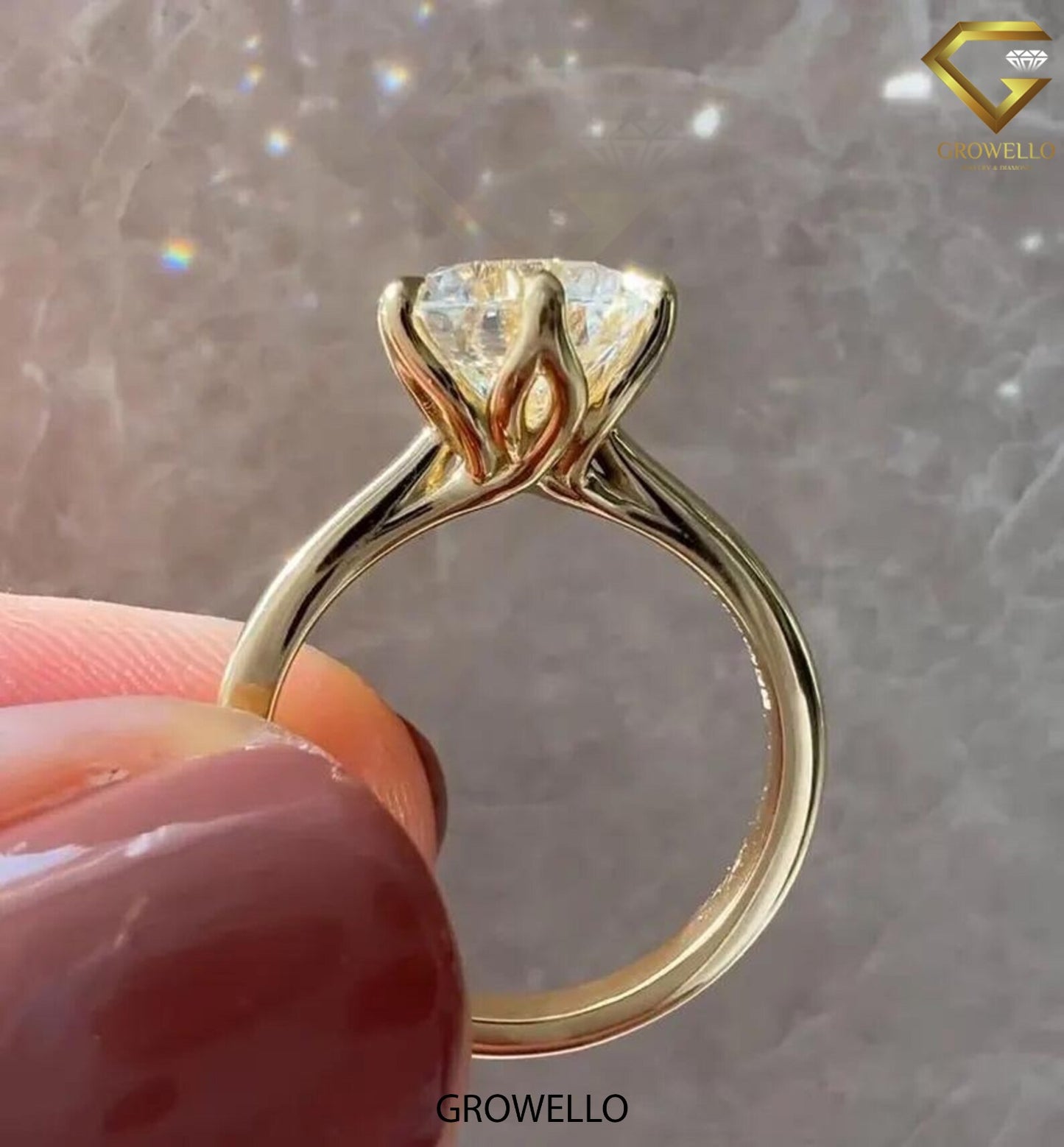 3 CT round lotus crown solitaire, cathedral band, solid gold, lab-grown or moissanite