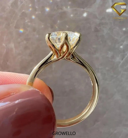 3 CT round lotus crown solitaire, cathedral band, solid gold, lab-grown or moissanite