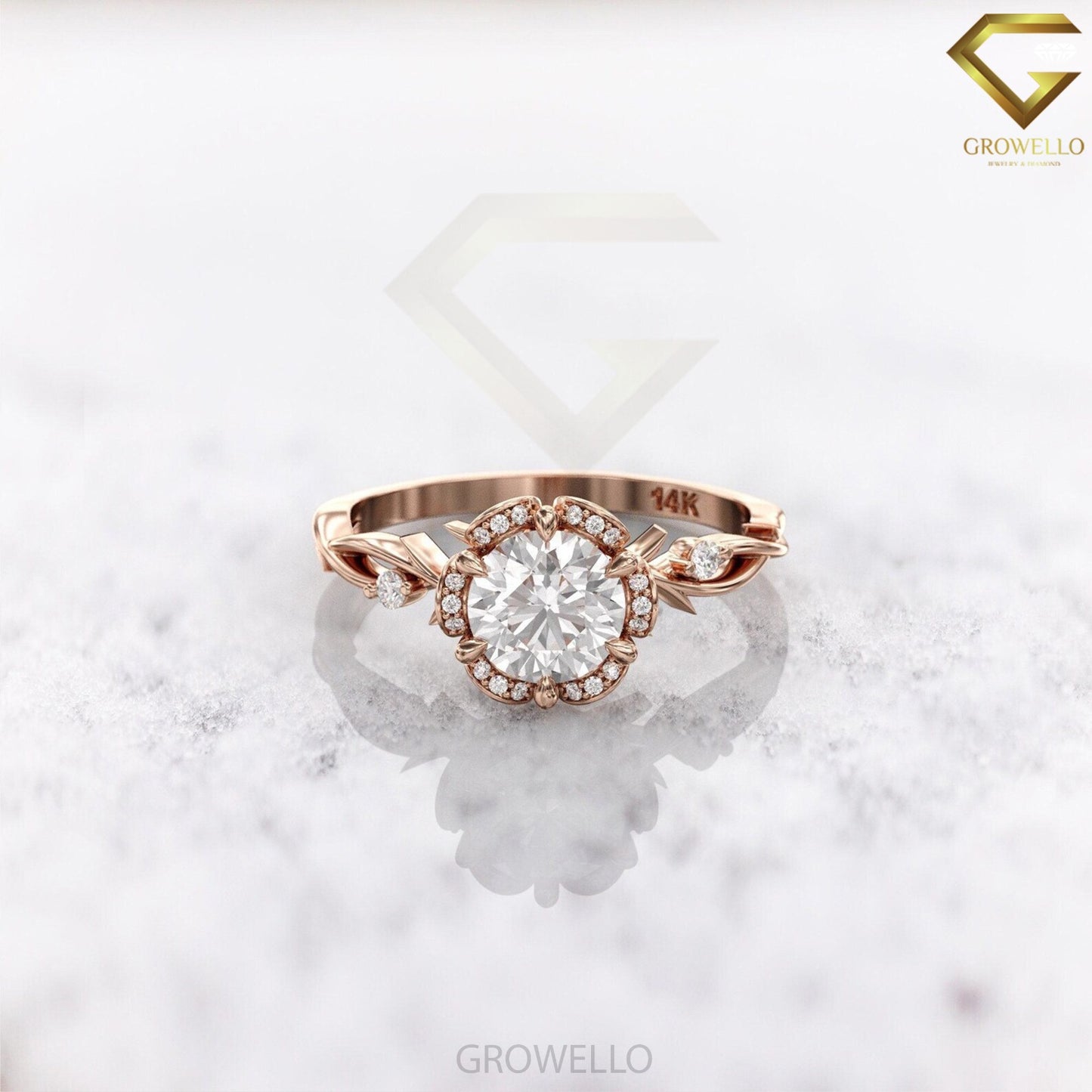 2ct round floral halo ring, vine shank, solid gold, lab-grown diamond or moissanite