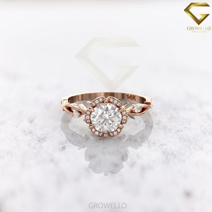 2ct round floral halo ring, vine shank, solid gold, lab-grown diamond or moissanite