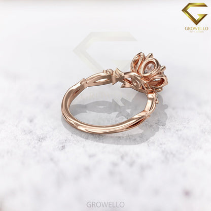 2ct round floral halo ring, vine shank, solid gold, lab-grown diamond or moissanite