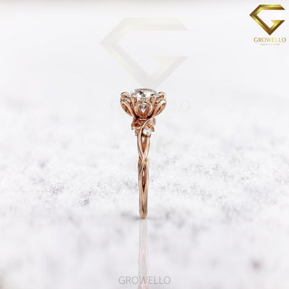 2ct round floral halo ring, vine shank, solid gold, lab-grown diamond or moissanite