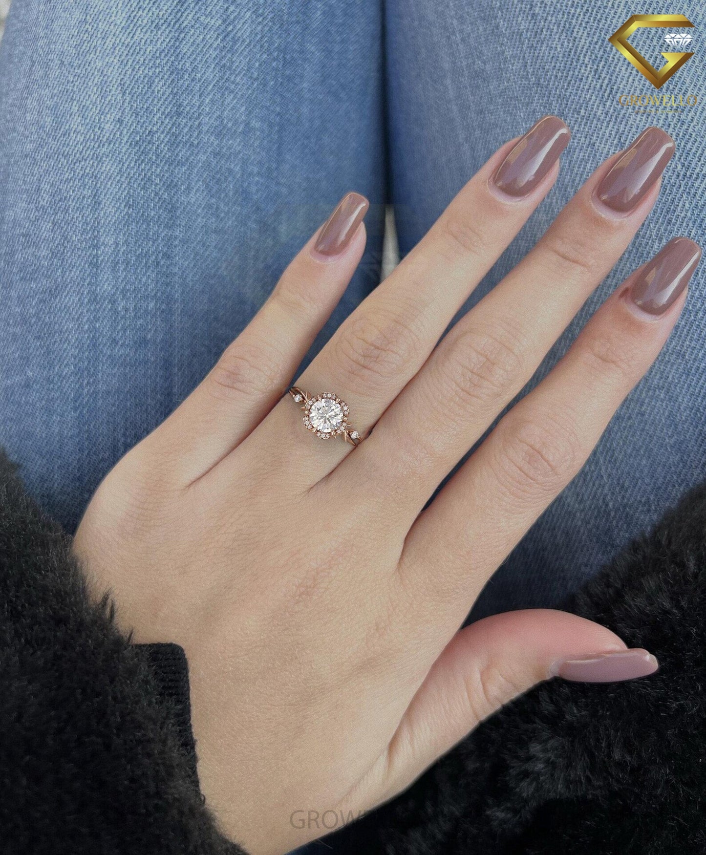 2ct round floral halo ring, vine shank, solid gold, lab-grown diamond or moissanite