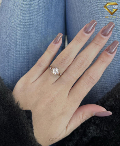 2ct round floral halo ring, vine shank, solid gold, lab-grown diamond or moissanite