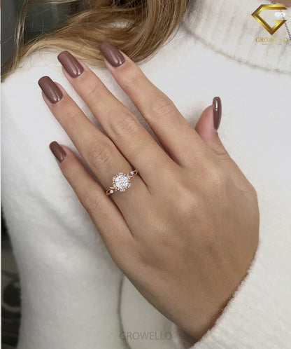 2ct round floral halo ring, vine shank, solid gold, lab-grown diamond or moissanite