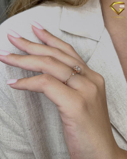 2ct round floral halo ring, vine shank, solid gold, lab-grown diamond or moissanite