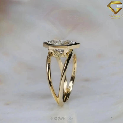 3CT Oval Bezel Engagement Ring, Split Shank, Solid Gold, Lab Grown Diamond or Moissanite