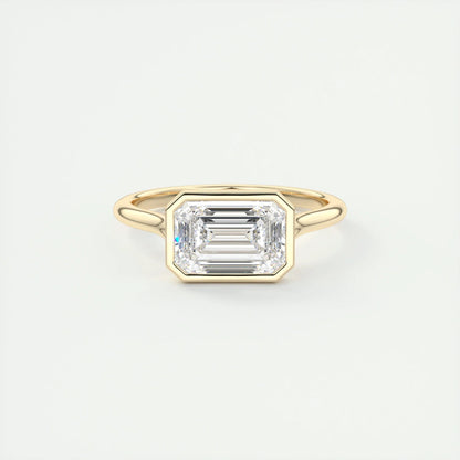 East West Engagement Ring 2 CT Emerald Cut Moissanite Bezel Setting Ring 14K Solid Gold Bridal Solitaire Lab Grown Diamond Anniversary Ring