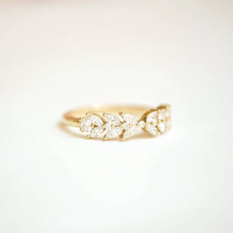 1.15 TW Marquise Cut Lab Grown Diamond Band Round Side Stone 14K Solid Gold Moissanite Wedding Band For Women Matching Anniversary Band.