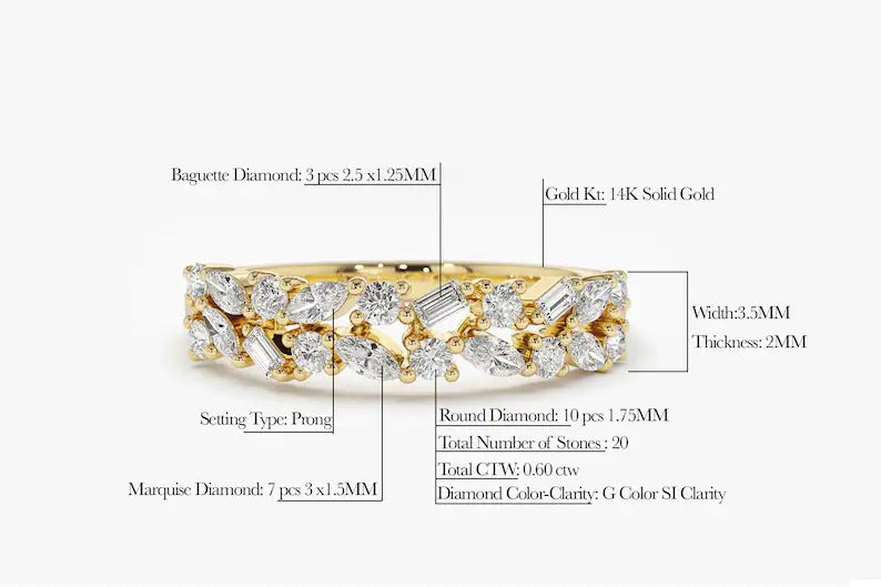Unique Multi Stone Wedding Ring Marquise Baguette and Round Diamond Wedding Band 14K Solid Gold Anniversary Ring Lab grown Diamond Ring.