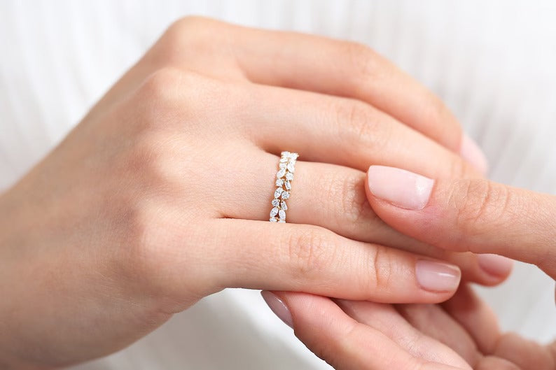 Unique Multi Stone Wedding Ring Marquise Baguette and Round Diamond Wedding Band 14K Solid Gold Anniversary Ring Lab grown Diamond Ring.
