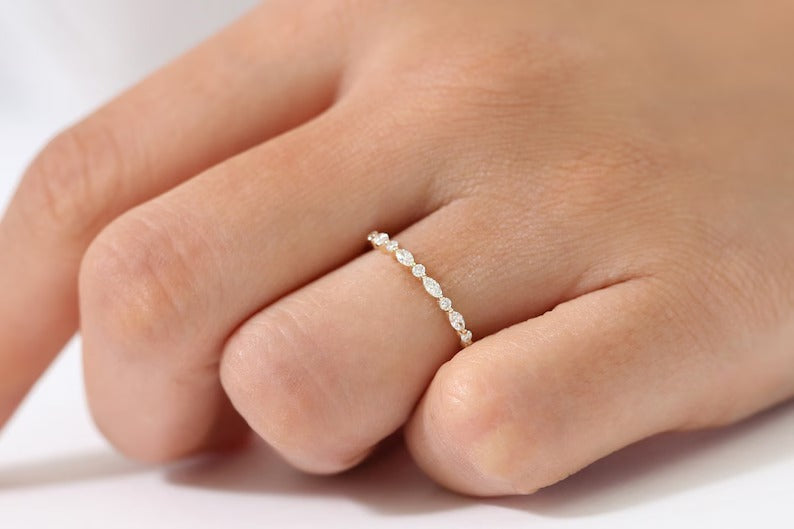 Marquise Diamond Ring Alternating Marquise Round Diamond Ring 14k Solid Gold Shared Prong Wedding Band Minimalist Stacking Ring For Women