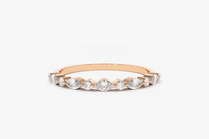Marquise Diamond Ring Alternating Marquise Round Diamond Ring 14k Solid Gold Shared Prong Wedding Band Minimalist Stacking Ring For Women
