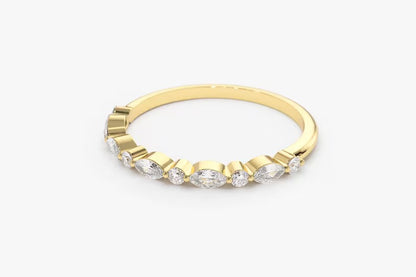 Marquise Diamond Ring Alternating Marquise Round Diamond Ring 14k Solid Gold Shared Prong Wedding Band Minimalist Stacking Ring For Women