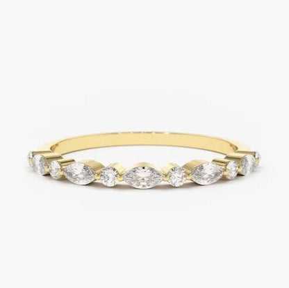 Marquise Diamond Ring Alternating Marquise Round Diamond Ring 14k Solid Gold Shared Prong Wedding Band Minimalist Stacking Ring For Women