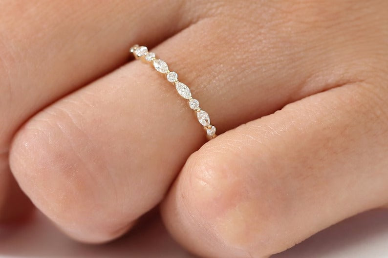 Marquise Diamond Ring Alternating Marquise Round Diamond Ring 14k Solid Gold Shared Prong Wedding Band Minimalist Stacking Ring For Women