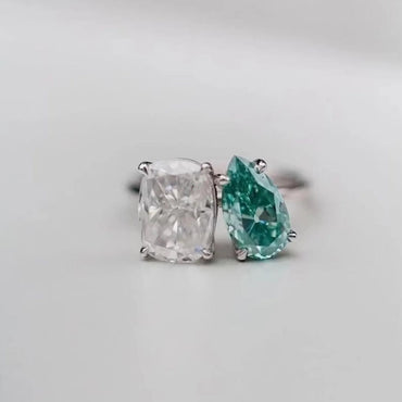 Toi et Moi Moissanite Diamond Ring | Pear And Elongated Cushion Diamond Engagement Ring | Unique Two-Stone Wedding Ring 'You and Me' Design