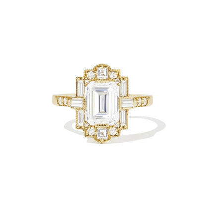 Art Deco Emerald Cut Moissanite Wedding Ring Baguette and Round Cut Engagement Ring Vintage Style Emerald Mosaic Ring Lab Grown Diamond Ring