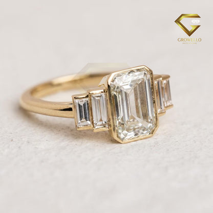 2 CT Emerald Cut Moissanite Engagement Ring Five Stone Bezel Set Wedding Promise Ring 14K Solid Gold Lab Grown Diamond Anniversary Ring