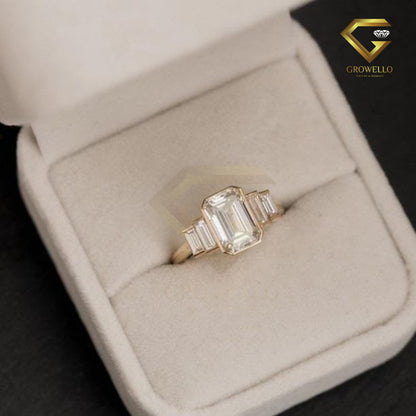 2 CT Emerald Cut Moissanite Engagement Ring Five Stone Bezel Set Wedding Promise Ring 14K Solid Gold Lab Grown Diamond Anniversary Ring