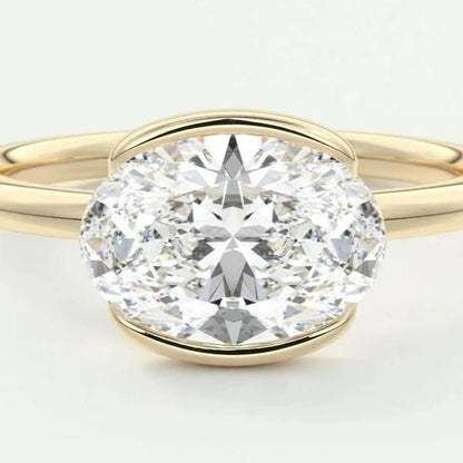 East West Oval Moissanite Engagement Ring Half Bezel Oval Lab Grown Diamond Ring 14K Solid Gold IGI Certified Diamond Solitaire Ring.