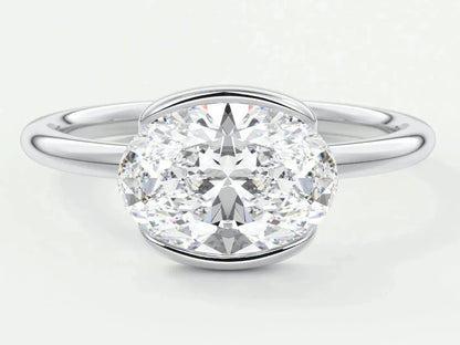 East West Oval Moissanite Engagement Ring Half Bezel Oval Lab Grown Diamond Ring 14K Solid Gold IGI Certified Diamond Solitaire Ring.