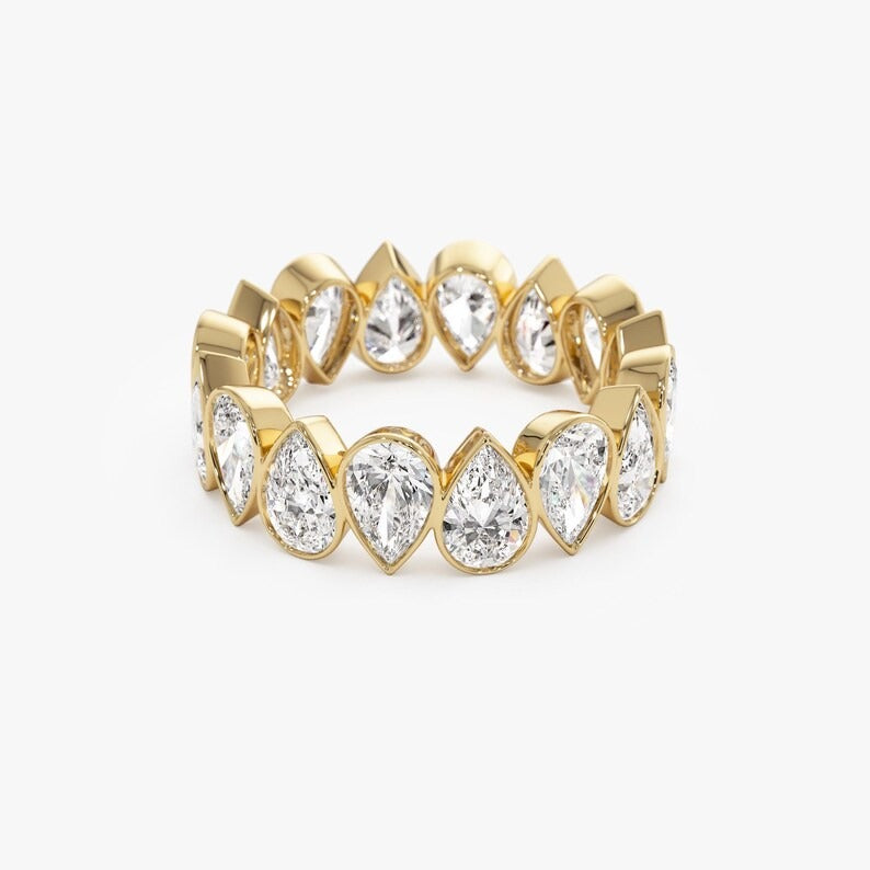 Pear Moissanite Eternity Ring 14K Solid Gold Full Eternity Pear Shape Lab Grown Diamond Wedding Ring Bezel Set Pear Lab Grown Diamond Band.