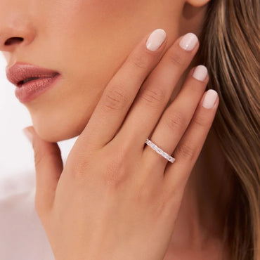 Emerald Cut Moissanite Wedding Band 14K Solid Gold East West Prong Setting Full Eternity Emerald Cut Lab Grown Diamond Ring Anniversary Gift