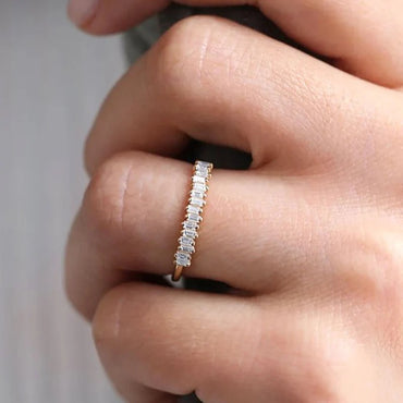 Scattered Mini Baguette Diamond Half Eternity Bridal Wedding Band For Women Baguette Lab Grown Diamond Stacking Band For Her 14K Gold Ring.