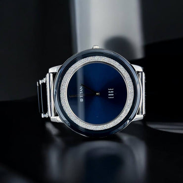Titan Edge Blue Dial Luxury Watch with Round Lab-Grown Moissanite Diamond Bezel – Ultra-Slim Silver Timepiece for Men