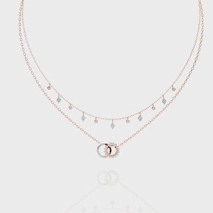 Sun & Moon Double-Layer Necklace | Interlocking Rings Pendant with Kite & Bezel Drop Stations | Lab-Grown Diamond/Moissanite | Solid Gold/Platinum