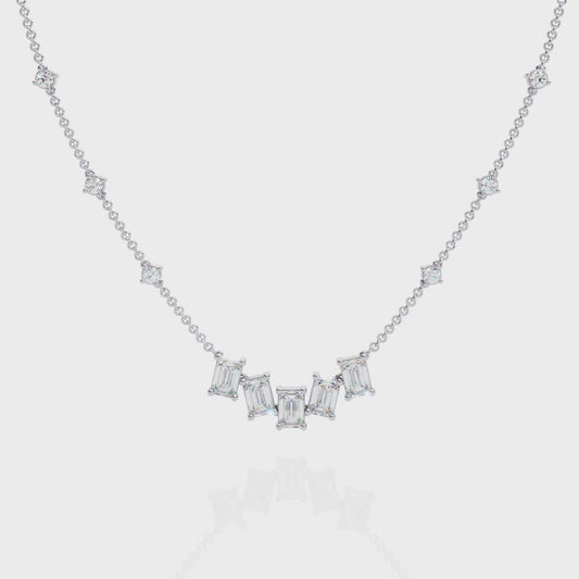 Emerald-Cut Baguette Station Necklace – Five-Stone V Cluster with Sparkle Stations, Adjustable Layering Chain, Minimal Everyday Luxury Gift