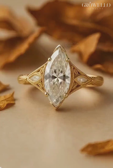 3 CT Marquise Vintage Filigree Engagement Ring, Art Deco Antique Style, Solid Gold, Lab Grown Diamond or Moissanite