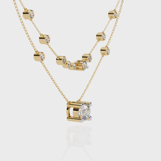 Double-Layer Diamond Necklace | 1 ct Round Solitaire + Graduated Bezel Station Bar | Lab-Grown/Moissanite | Minimal Everyday Luxe | Solid Gold/Platinum