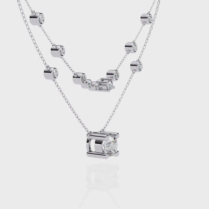 Double-Layer Diamond Necklace | 1 ct Round Solitaire + Graduated Bezel Station Bar | Lab-Grown/Moissanite | Minimal Everyday Luxe | Solid Gold/Platinum