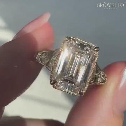 5 CT Emerald Cut Vintage Engraved Engagement Ring, Antique Style, Lab Diamond or Moissanite