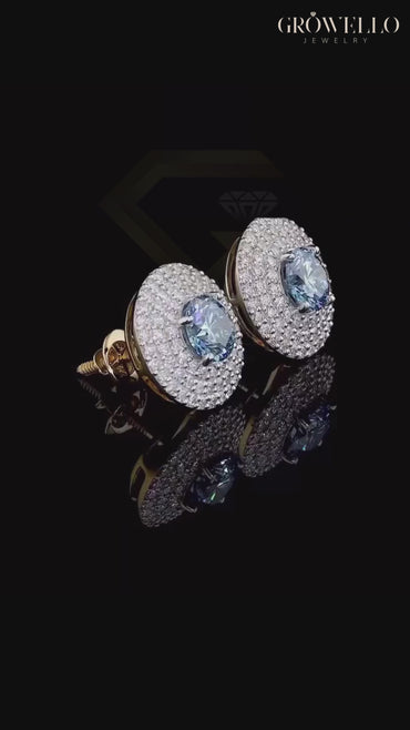 2 CT Blue Round Halo Diamond Stud Earrings, Pave Cluster Disc, Solid Gold, IGI Lab Grown Diamond or Moissanite