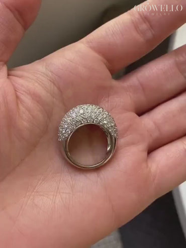 Round Pave Diamond Dome Engagement Ring, Wide Band, Solid Gold, Lab Grown Diamond or Moissanite