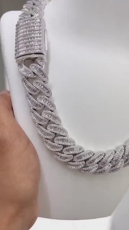 Round & Baguette Diamond Cuban Link Chain  Iced Out Hip Hop Necklace for Men