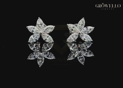 Marquise Flower Stud Earrings, Floral Cluster, Solid Gold, Lab Grown Diamond or Moissanite